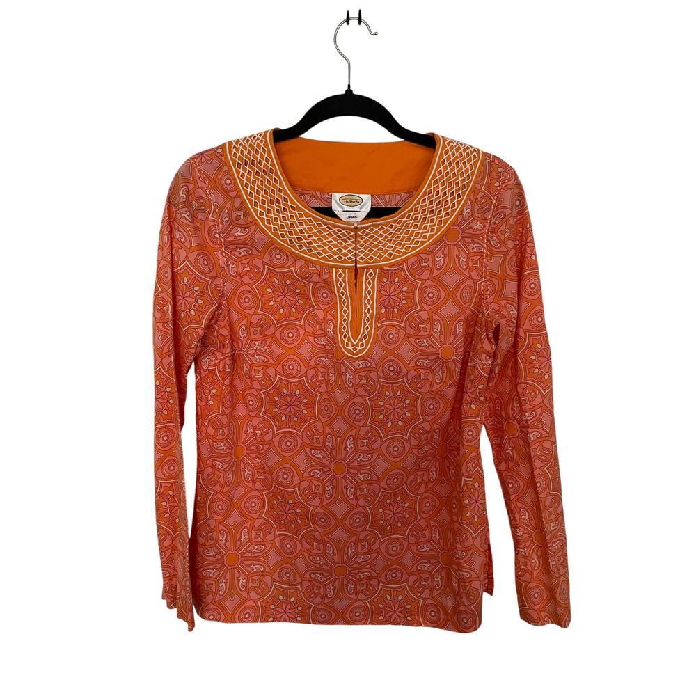 Talbots Stretch Womens Blouse Small Boho Tunic Mandala Orange Decorative Trim